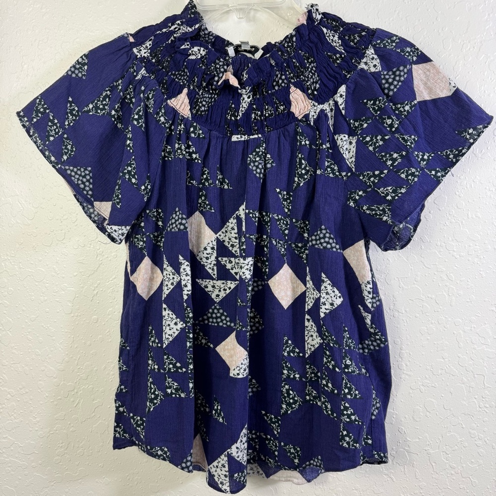 Madewell blouse smocked mock neck XS patchwork boho casual Navy Geometric‎ Top - Picture 8 of 10